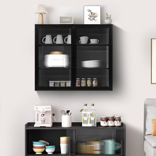 Sleek Black Glass Door Cabinet with Three-Tier Storage