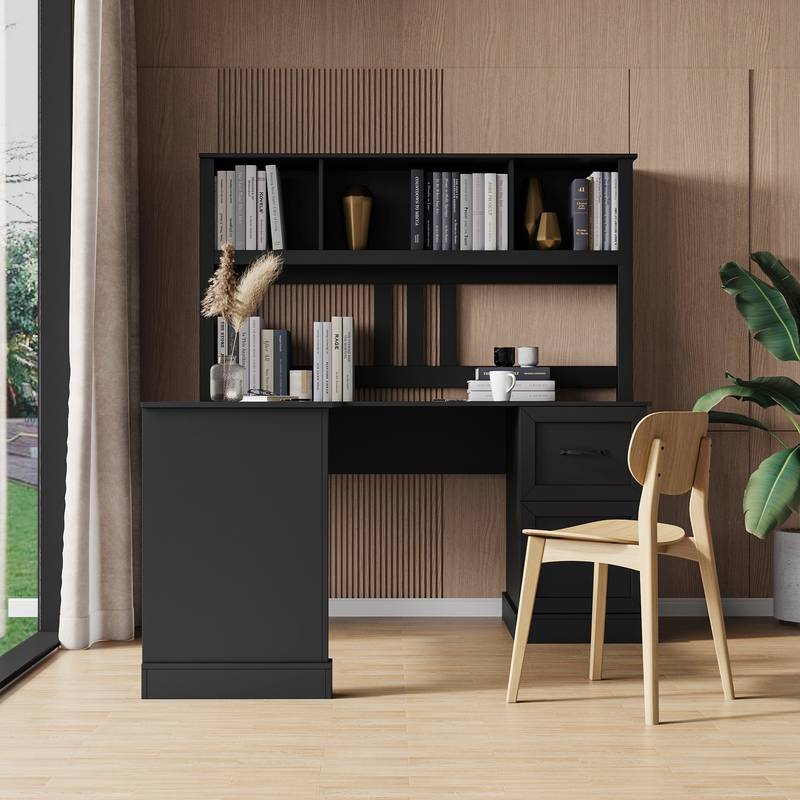 Chic Antiqued Black Home Office Desk with Hutch