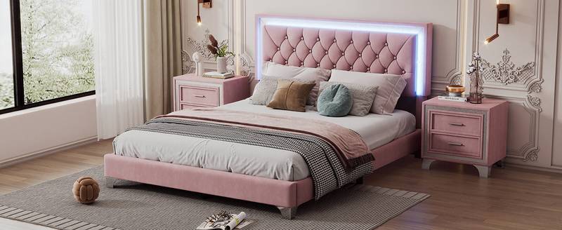 Pink Dream Bedroom Set with LED Bed and Nightstands