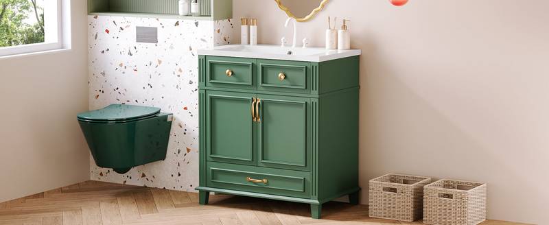 Vintage Green Bathroom Vanity with Soft-Close Storage