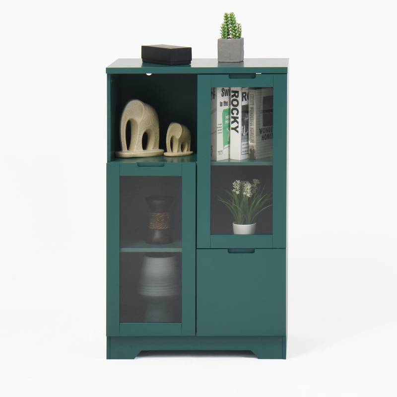 Chic Green Cabinet with Glass Doors and Open Storage