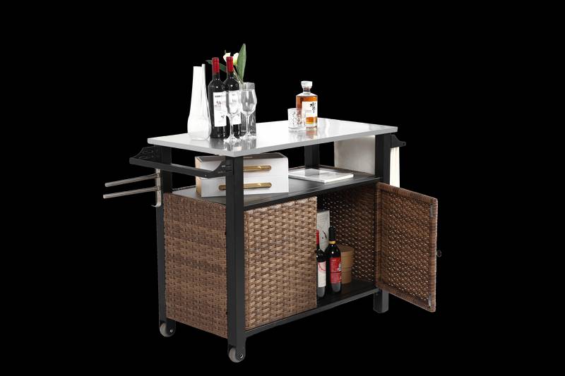 Wicker Rolling Outdoor Kitchen Cart with Stainless Steel Top