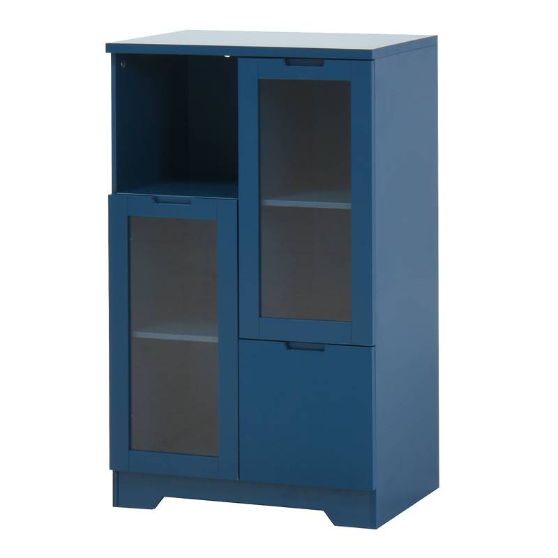 Navy Blue Glass-Front Cabinet with Open Storage