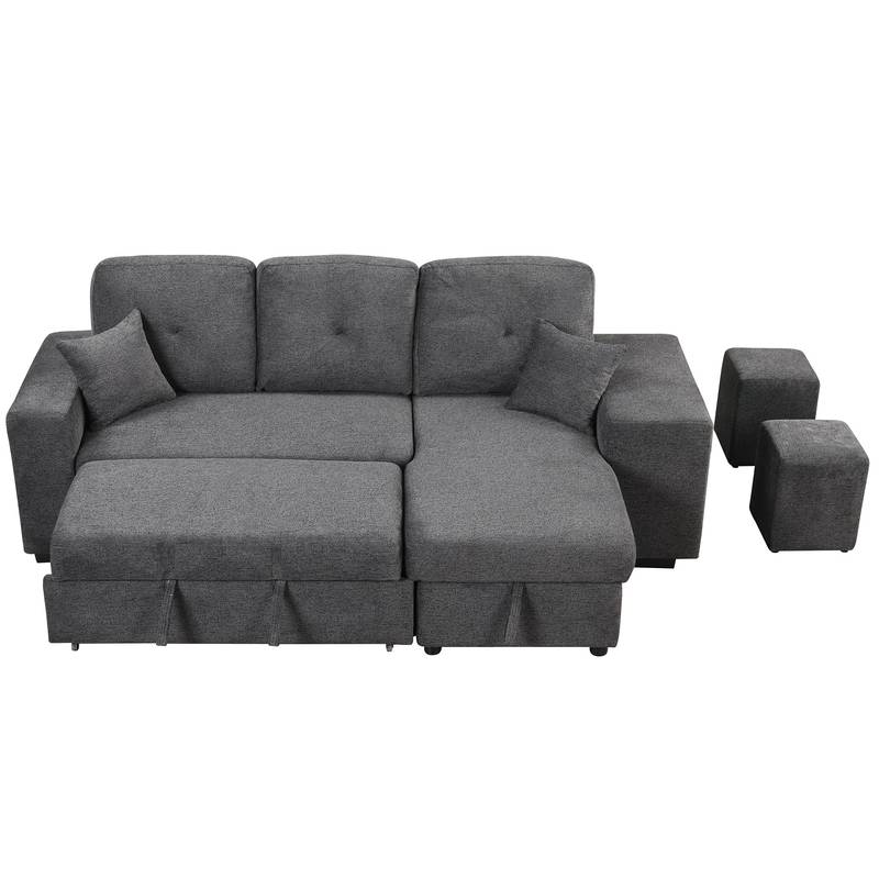 Versatile L-Shaped Sofa Bed with Side Shelf & Stools