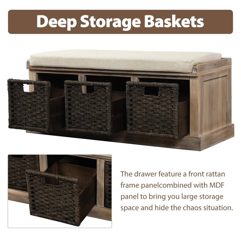 Chic Rustic Storage Bench with Woven Baskets and Cozy Cushion