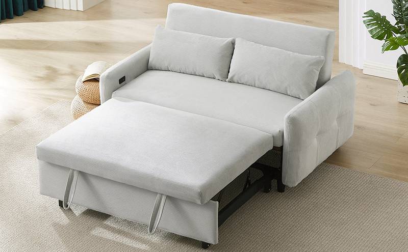 Light Blue Sleeper Sofa with USB Ports and Pillows