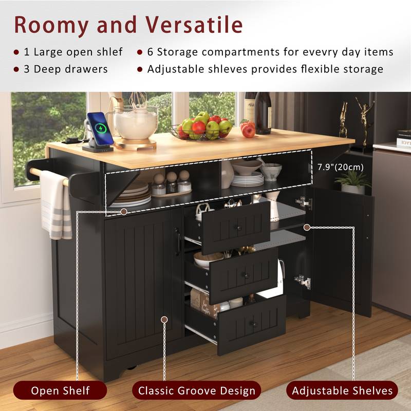 Versatile Kitchen Island Cart with Drop Leaves and Power Outlet