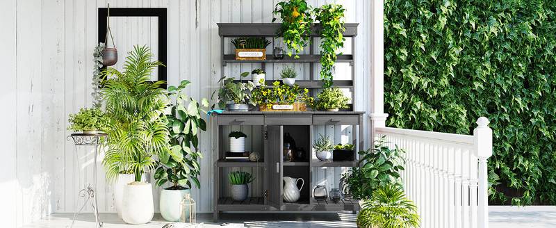 Charming Gray Garden Potting Table with Storage