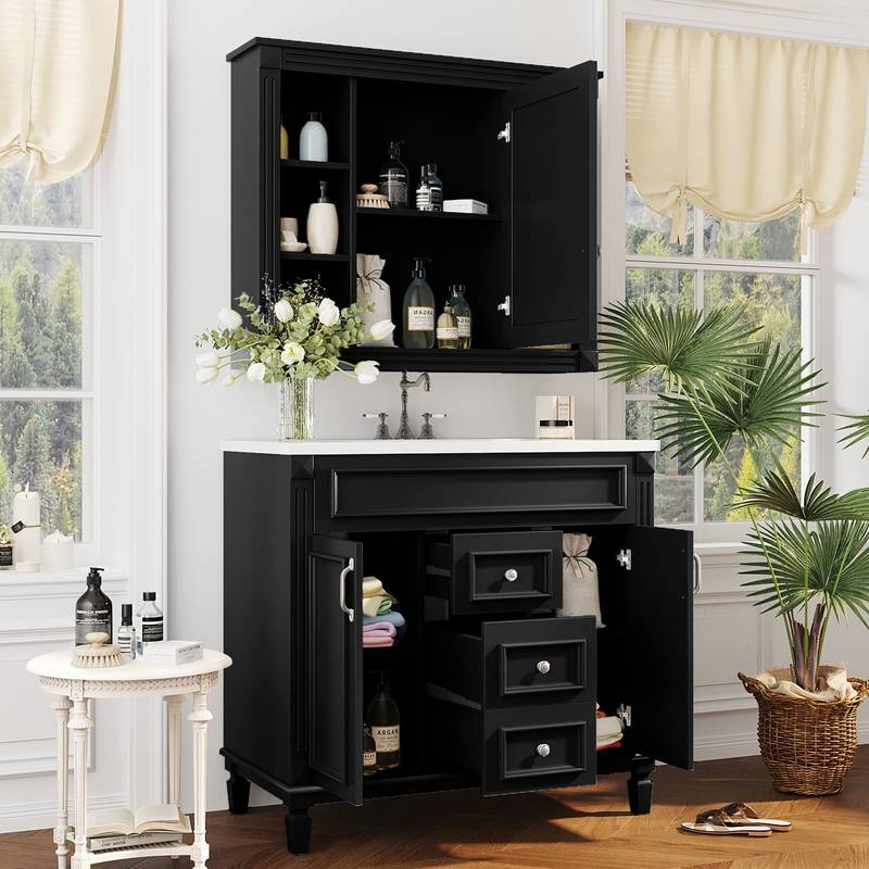 Sleek Black Bathroom Vanity with Mirror & Soft-Close Storage