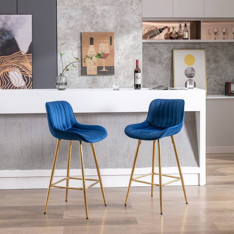 Chic Velvet Bar Stools - Set of Two with Golden Legs