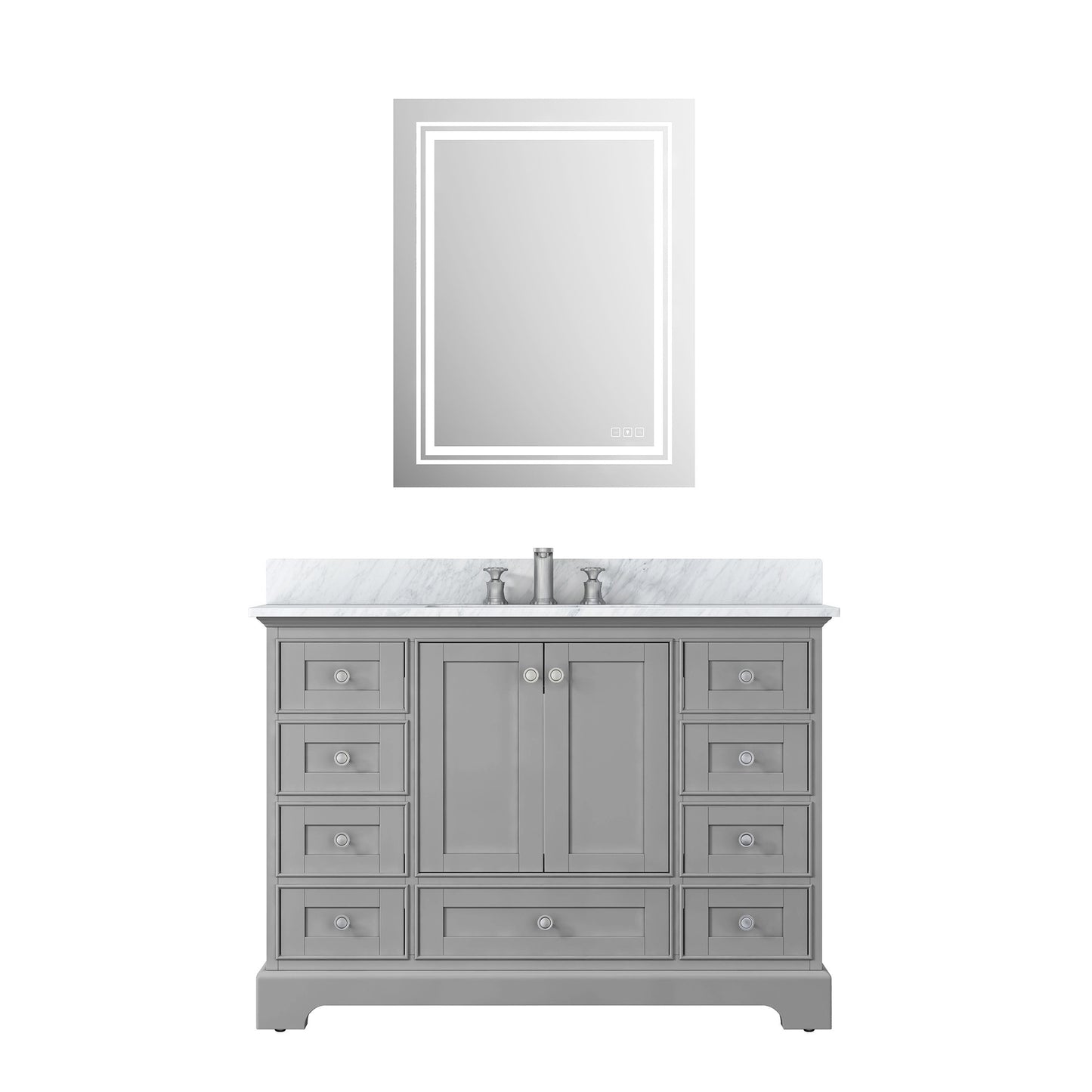 Gray Wood Bathroom Vanity Set with Carrara Marble, Ceramic Sink and Backsplash