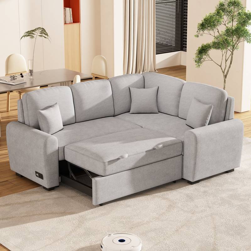 Cozy Grey L-Shaped Sleeper Sofa with USB Charging and Pillows