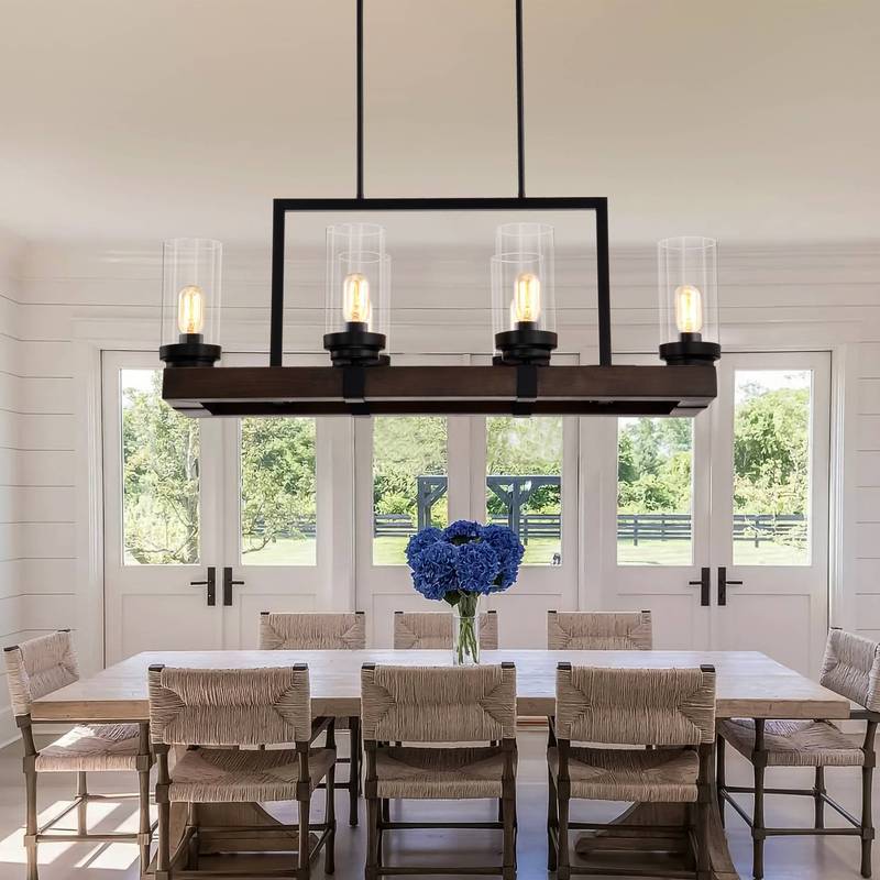 Modern Matte Black & Wood Chandelier - Adjustable 6-Light Pendant