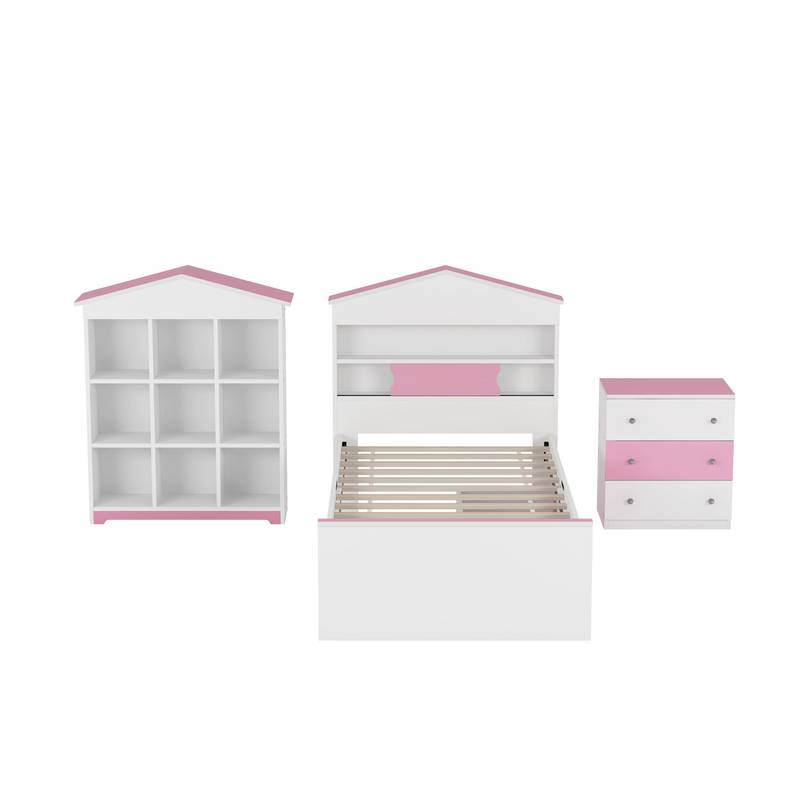 Charming Twin House Bed Set with Storage and Nightstand in Pink and White