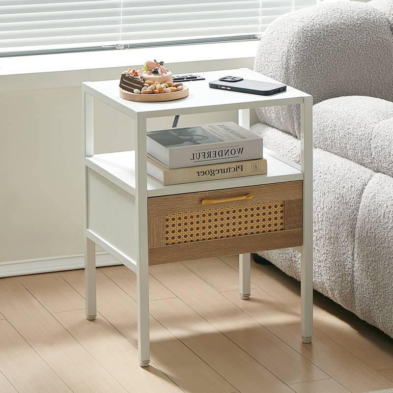 Chic Rattan End Table with USB & Power Outlet