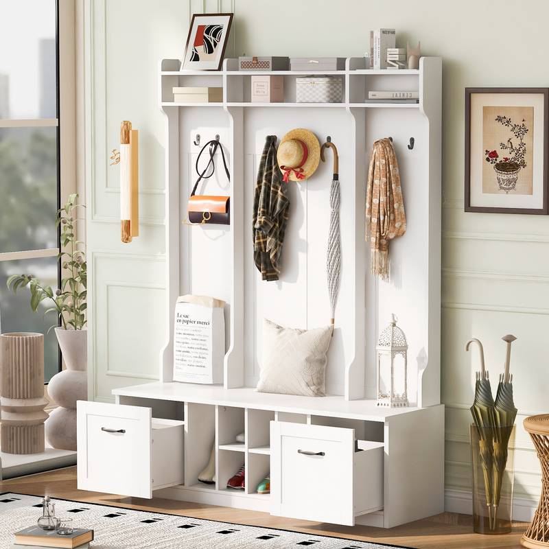 Versatile Entryway Bench with Coat Rack & Drawers