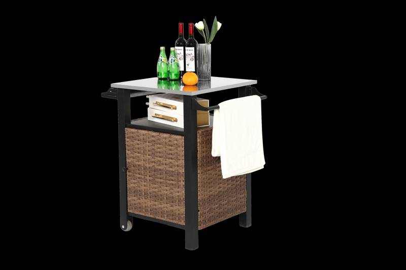 Chic Wicker Rolling Bar Cart with Stainless Steel Top