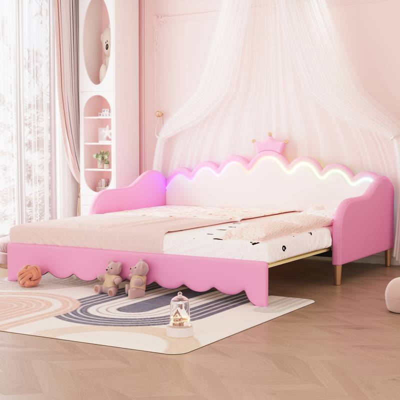 Pink Princess Daybed with LED Lights and Crown Headboard