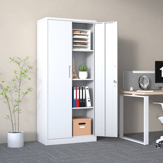 Tall White Lockable Storage Cabinet with Adjustable Shelves