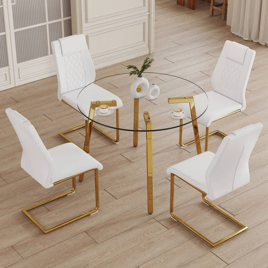 Chic Glass Dining Set with White Upholstered Chairs