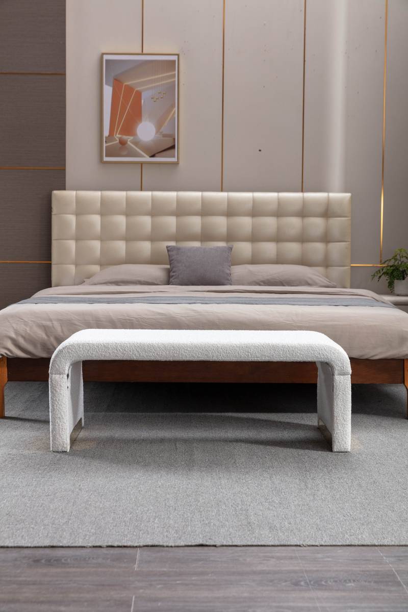 Chic Ivory Boucle Ottoman with Gold Legs