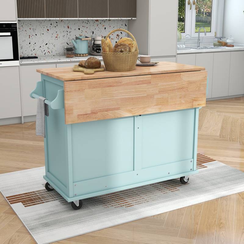 Mint Green Kitchen Cart with Drop-Leaf Countertop and Storage