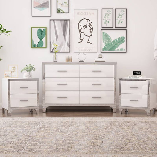 Chic White Dresser & Nightstand Set with Stylish Mirror Accents