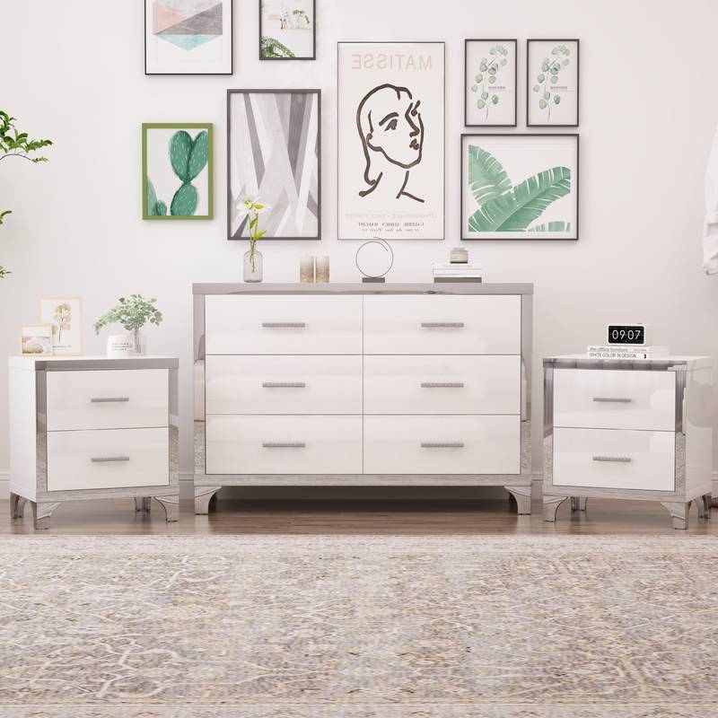 Chic White Dresser & Nightstand Set with Stylish Mirror Accents