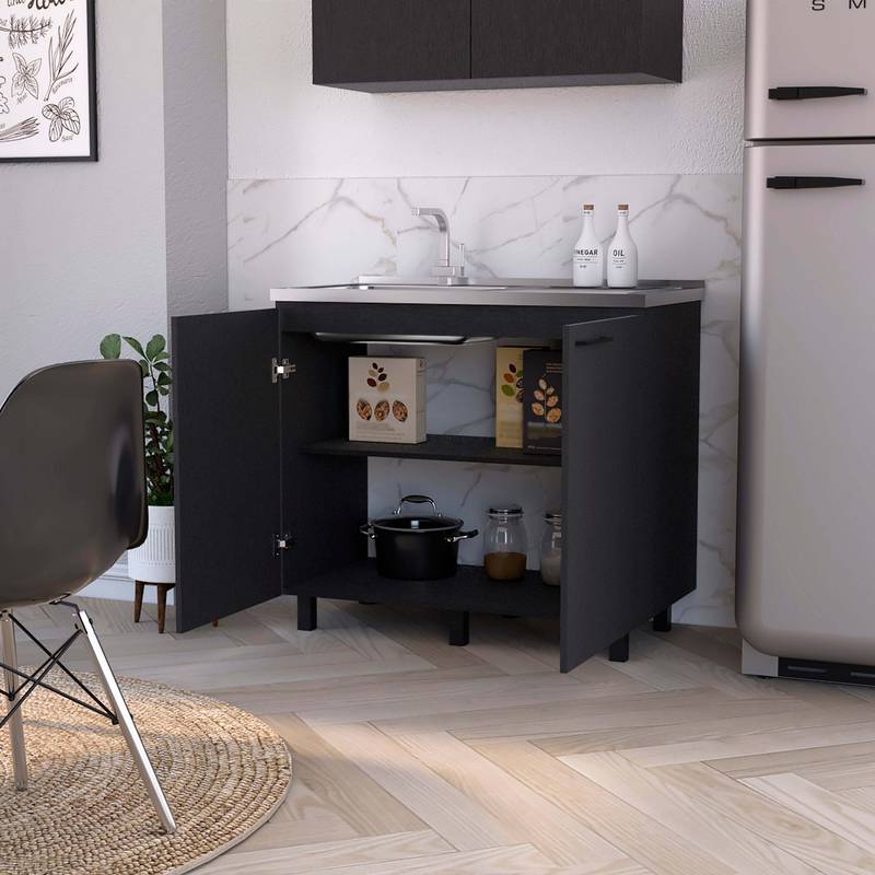 Sleek Black Utility Sink & Storage Combo