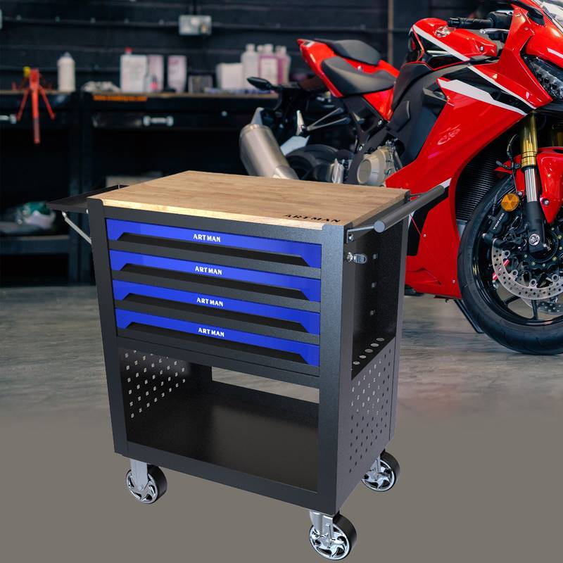 Blue Rolling Tool Cart with Wooden Top and 4 Drawers