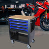 Blue Rolling Tool Cart with Wooden Top and 4 Drawers