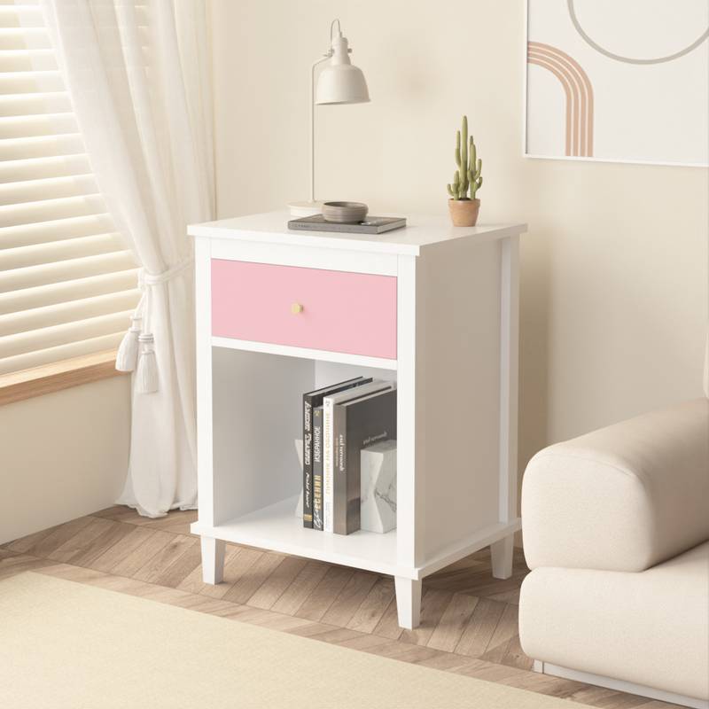 Charming Pink Wooden Nightstand with Shelf & Drawer