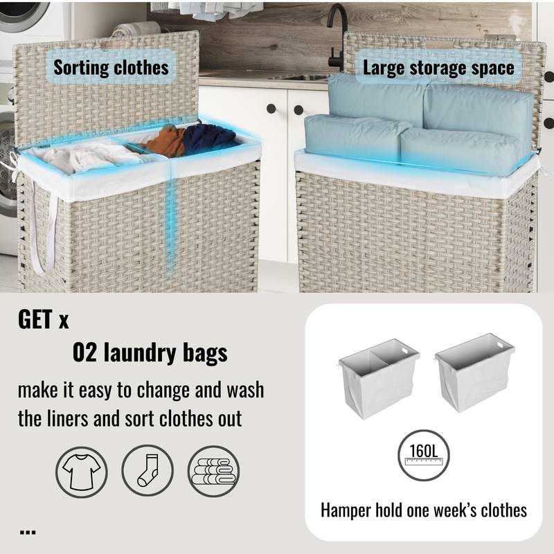 Stylish Grey Laundry Hamper with Removable Bags and Wheels