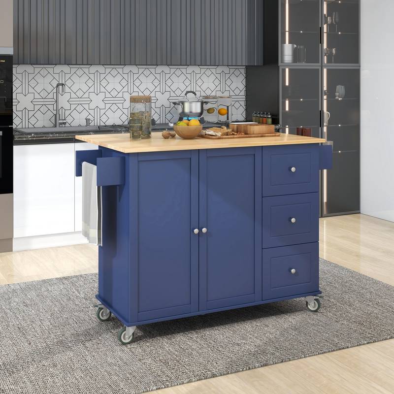 Blue Rolling Kitchen Island with Drop Leaf & Storage