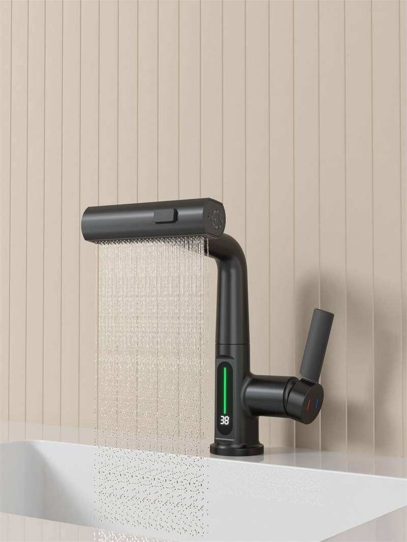 Sleek Matte Black Rotating Waterfall Faucet with LED Temperature Display