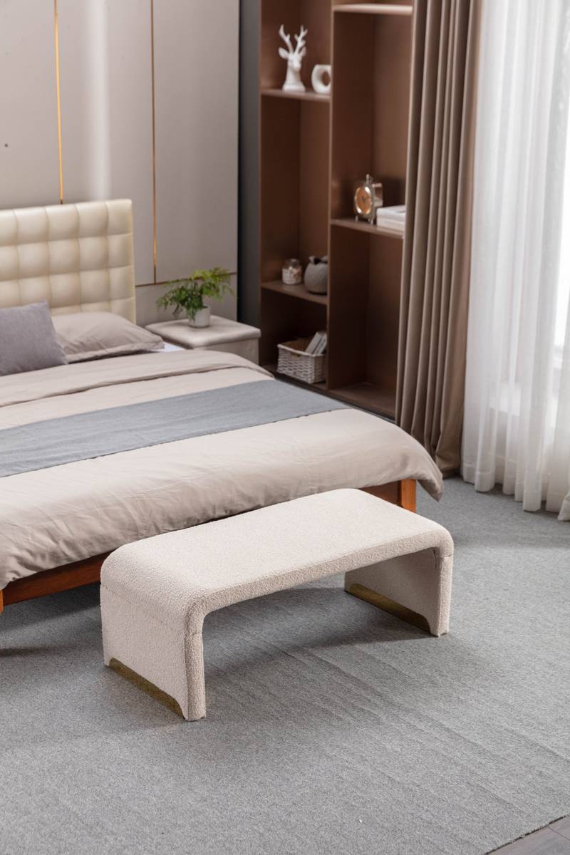 Chic Beige Boucle Ottoman with Gold Legs