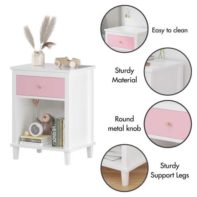 Charming Pink Wooden Nightstand with Shelf & Drawer
