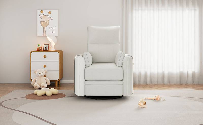 Cozy Beige Swivel Rocker Recliner with Pillows