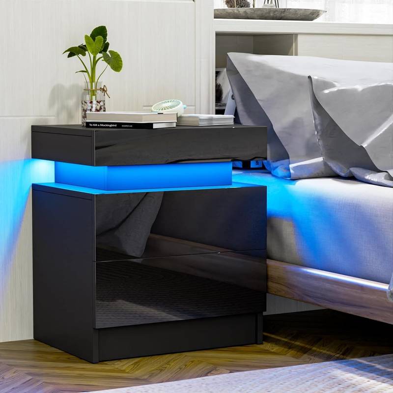 Sleek Black LED Nightstand with Glossy Drawers