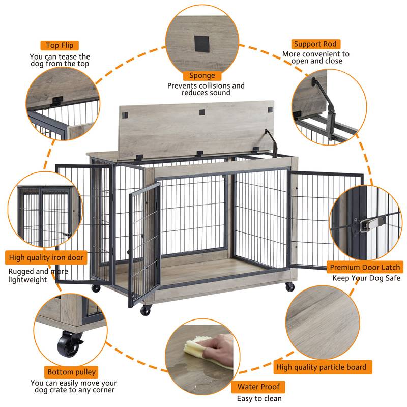Chic Mobile Dog Crate Table with Double Doors and Lift Top in Grey