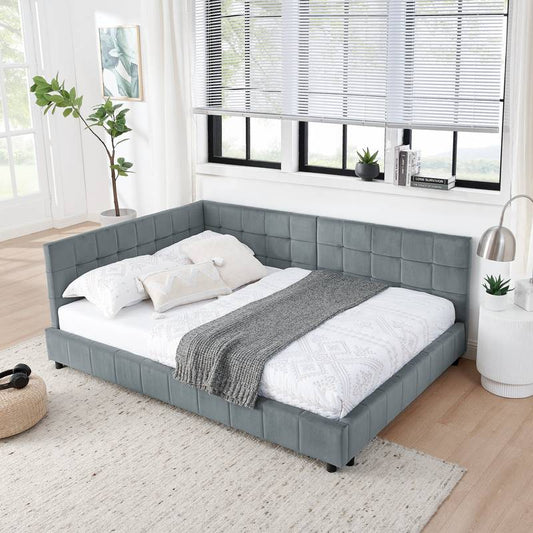 Cozy Velvet Tufted Full Bed Frame with Backrest & Armrests