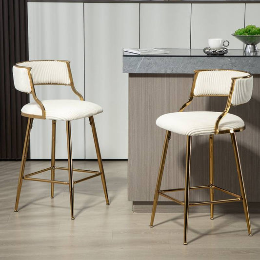 Chic Corduroy Bar Stools with Golden Base - Set of Two in Beige