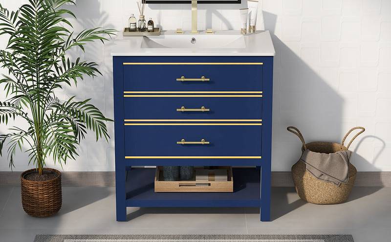 Navy Bliss: Stylish Bathroom Vanity with Open Storage