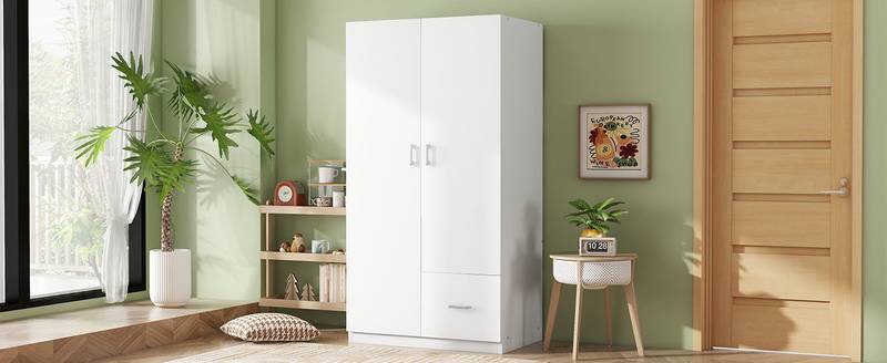 Chic White Wooden Armoire with Double Doors and Ample Storage