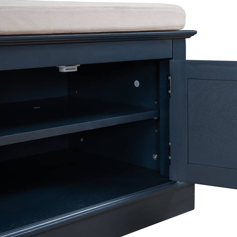 Navy Storage Bench with Cushion & Shelves