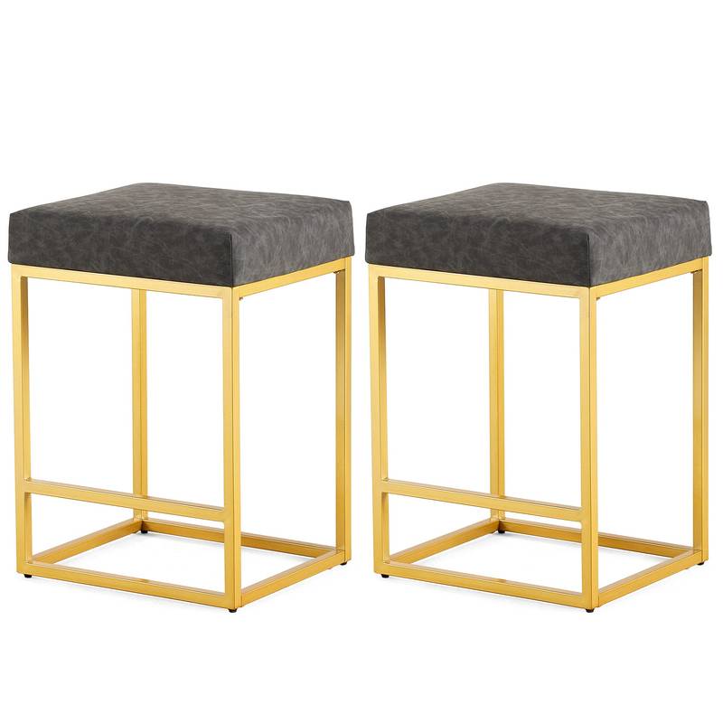 Chic Grey PU Leather Bar Stools with Footrests – Set of Two