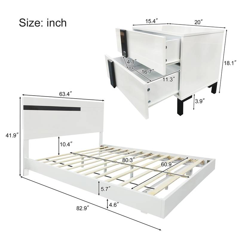 Sleek White LED Bedroom Set with Floating Bed & Nightstands