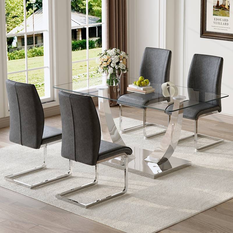 Chic Glass Dining Set with Cozy Gray Chairs