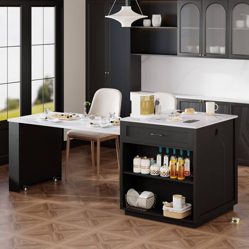 Stylish Expandable Kitchen Island with Storage and Power Outlet