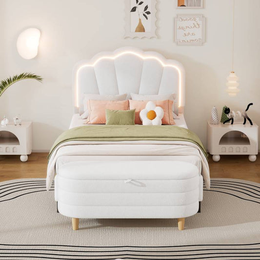 Cozy Floral Twin Bed Set with LED and Storage Ottoman